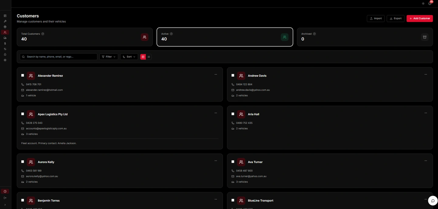 OMS dark Customers page showing customer records and vehicles per customer