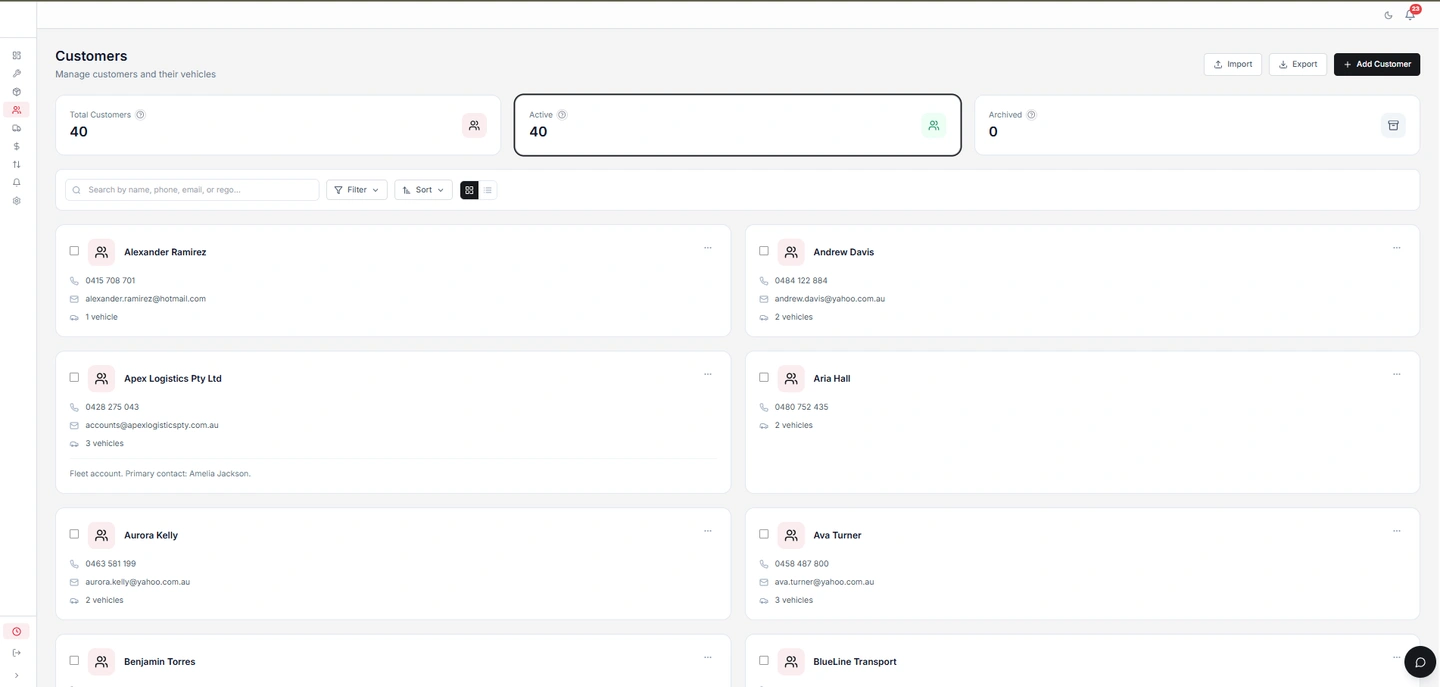 OMS light Customers page showing customer records and vehicles per customer