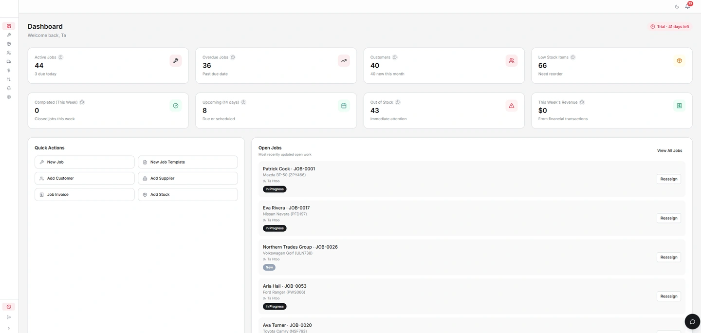 OMS light owner dashboard with live KPI counts, quick actions, and open jobs list