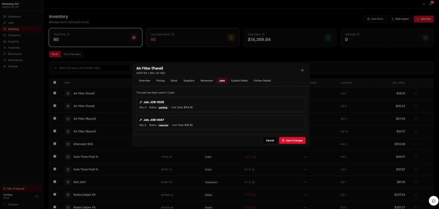 OMS dark inventory table with KPIs, filters, and available versus reserved stock indicators