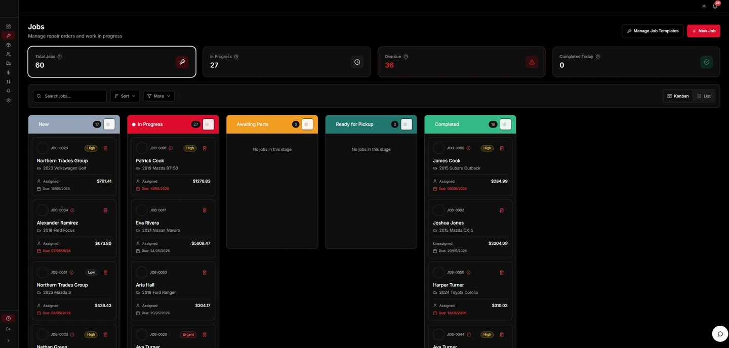 OMS dark jobs Kanban with KPI summaries and jobs grouped by stage