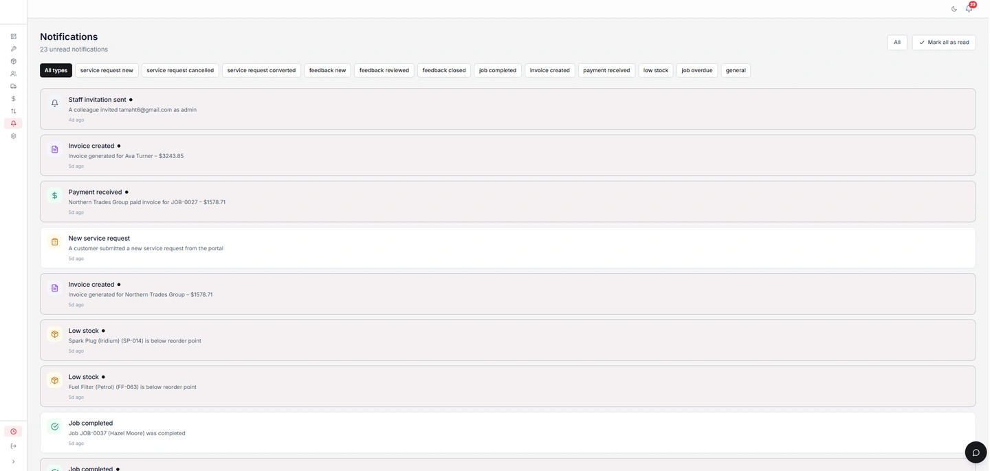OMS light Notifications inbox with unread count, type filters, and job, invoice, and stock alerts